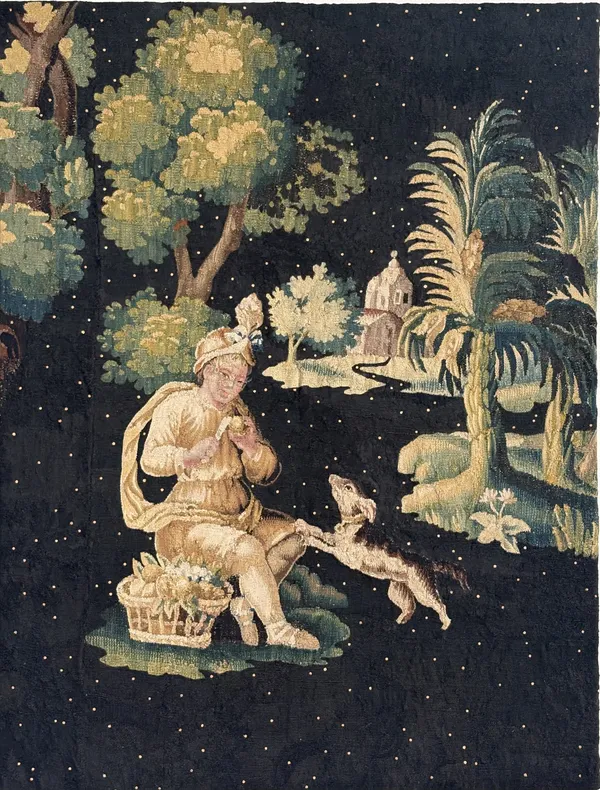 Renaud Auguste-Dormeuil, Tapisserie dite de l'enfant et du chien, Hope It Was Worth It (Ciel du 29 juin 1613 - Incendie du Globe Theatre de Londres lors de la représentation d’Henry VIII de W. Shakespeare), 2025