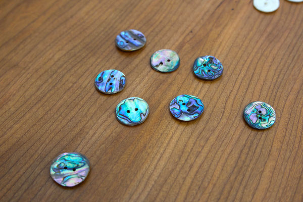 Component from research project 'Bush coat' (hand-carved pāua buttons)