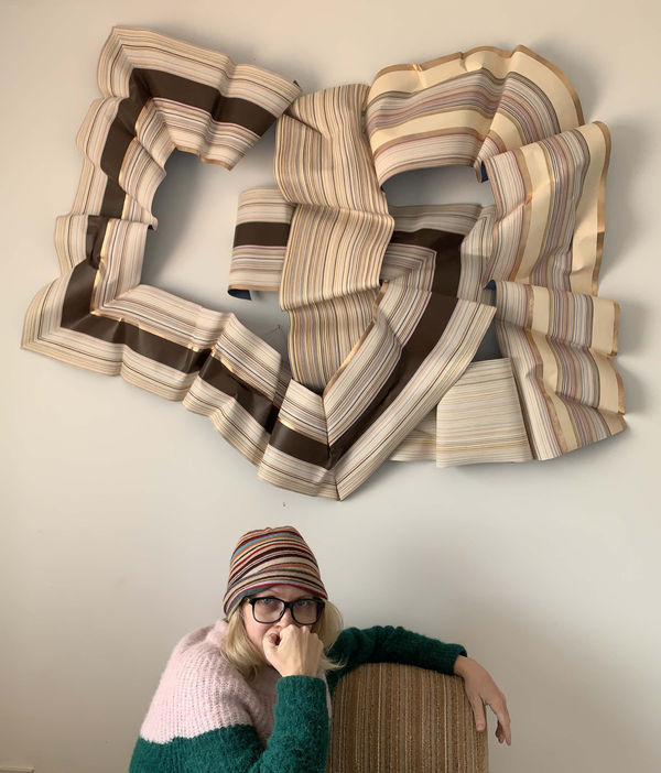 Stacey's Blend 1 & 2 shown with artist. Colour Pencil and Acrylic Paint on Paper with 23K Rose Gold Leaf.