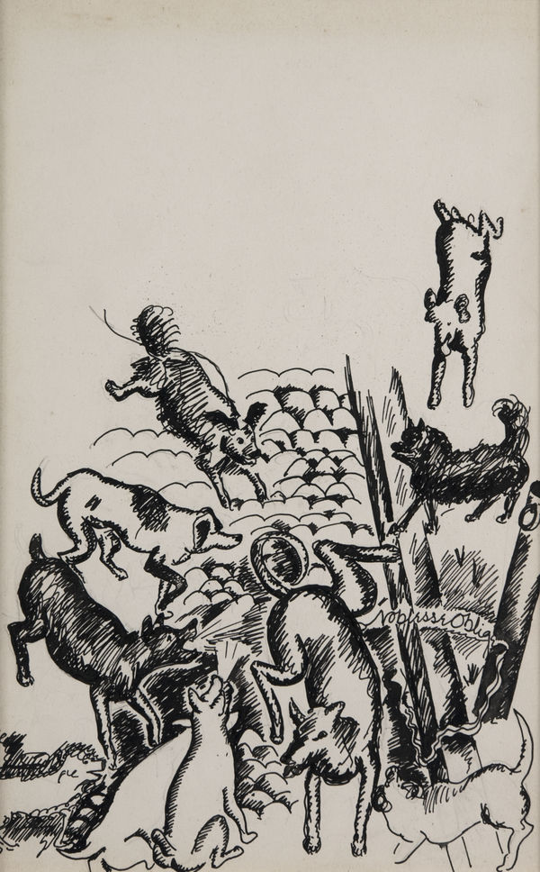 Alexander Calder - Drawings, Runt Piddling on the Road with Dogs About, 1925