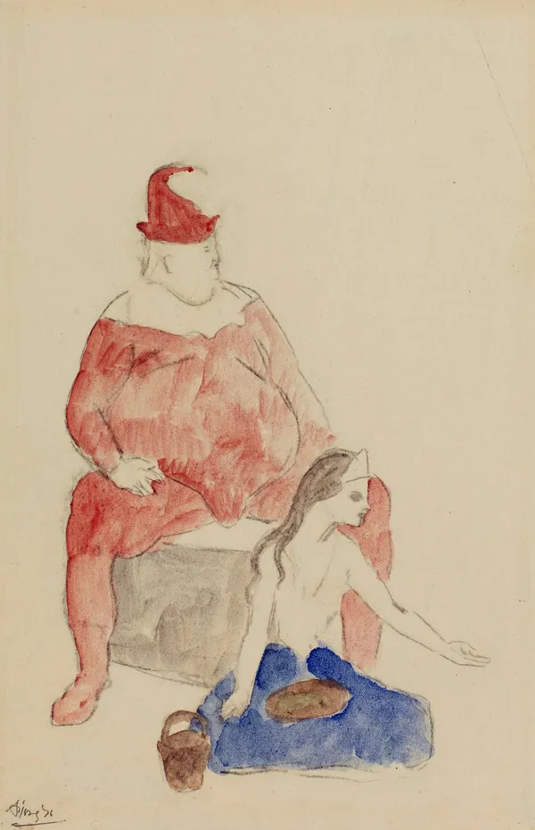 Pablo Picasso Saltimbanque et Jeune Fille, 1905 Watercolour and charcoal on paper laid down on card 29.5 x 19.5 cm. 11 ⅝ x 7 11/16 in.