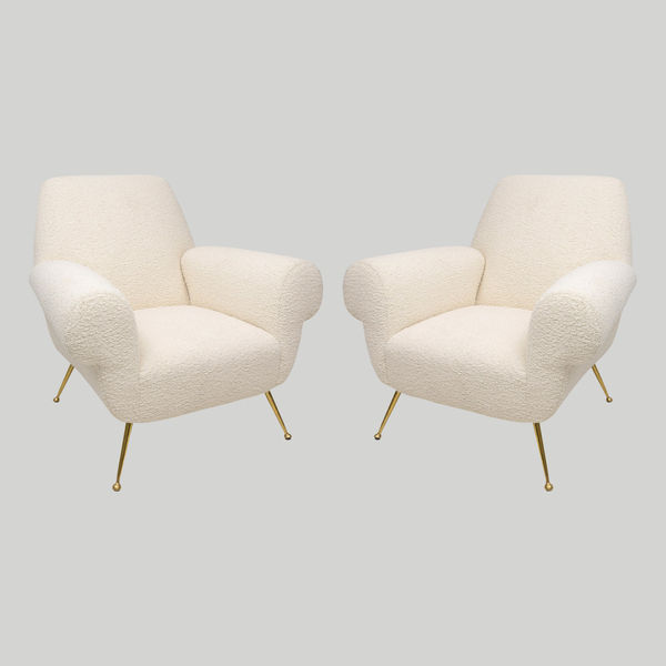 Pair of Italian-Mid-Century Lounge Chairs Upholstered in Boucle