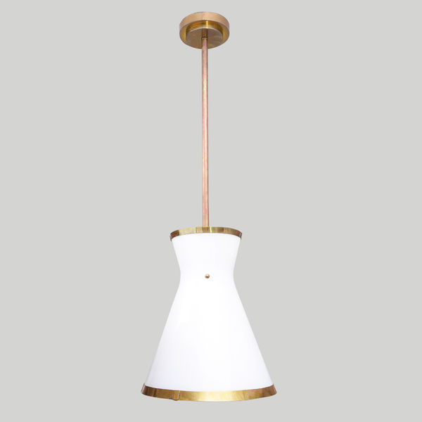 Custom Cone-Shaped White Glass Fixture with Applied Brass