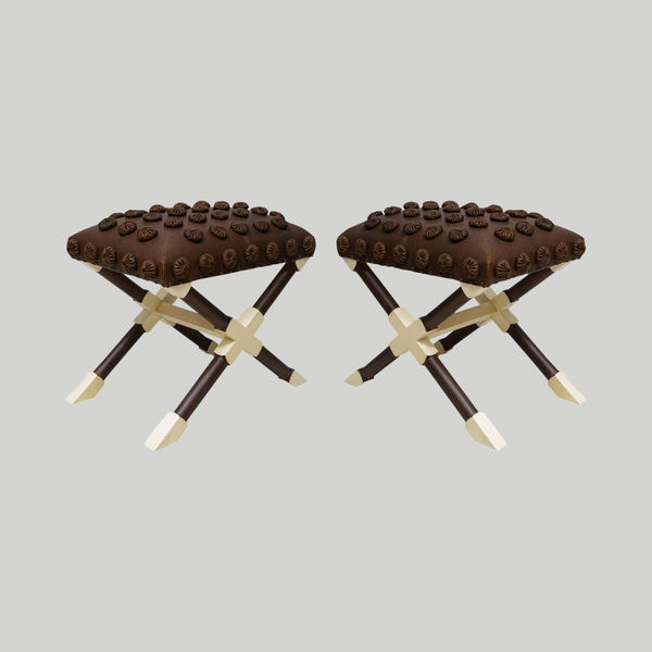 Custom Pair of Oak and Parchment X-Frame Benches upholstered in Leather