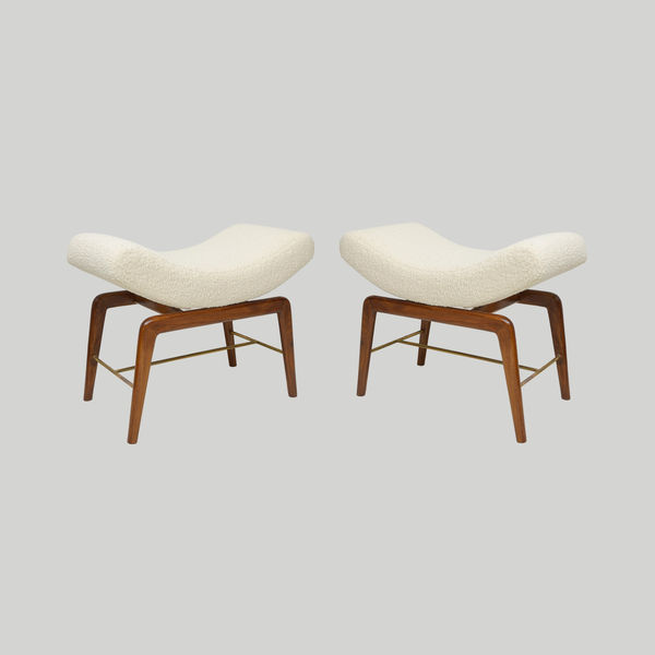 Custom Pair of Mid-Century-inspired Mahogany Benches upholstered in Boucle Fabric