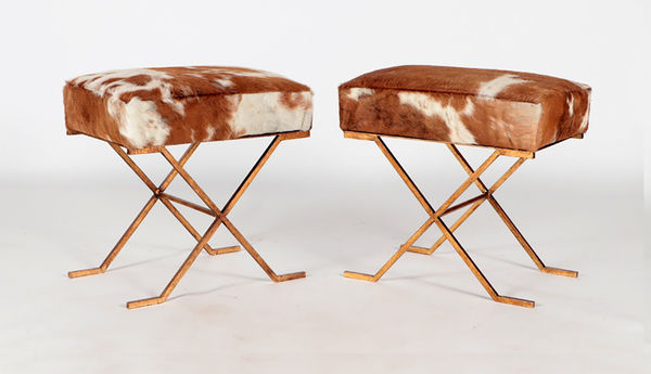 Pair Gilt-iron Cowhide X-frame Benches in the Jean Michel-Frank Manner