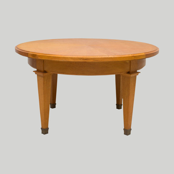 Vintage French Circular Coffee Table in Oak on Tapered Legs ending in Brass Sabots