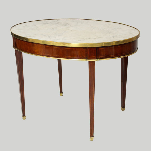Antique French Mahogany Oval Marble-Top Bouillote Table on Tapered Legs