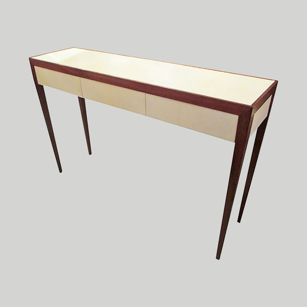 Custom Parchment and Mahogany Console with Three Drawers