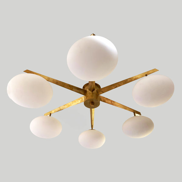 Custom Luca Mid-Century Style Brass and Opaline Glass Six-Light Fixture