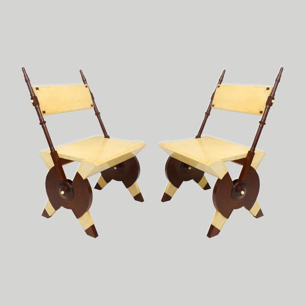 Pair of Carlo Bugatti Inspired Handcrafted Parchment and Mahogany Chairs