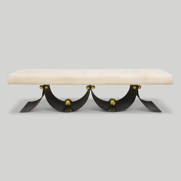 Contemporary Sculptural Iron Bench with Polished Brass Decorations