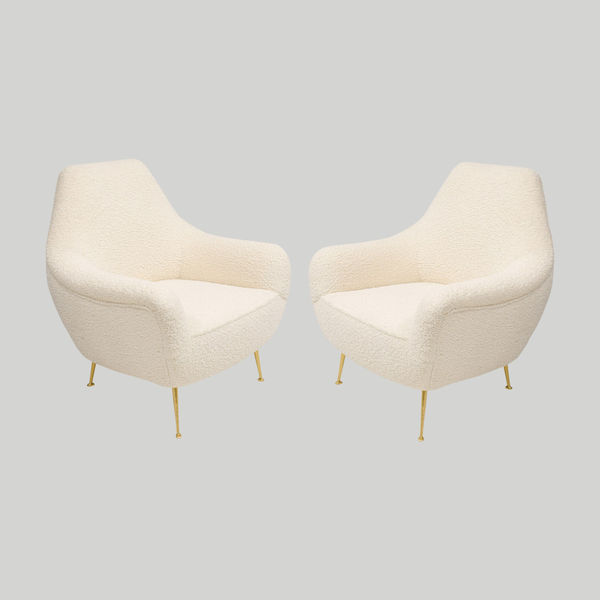 Custom Pair of Italian Mid-century Modern Lounge Chairs Upholstered in Boucle