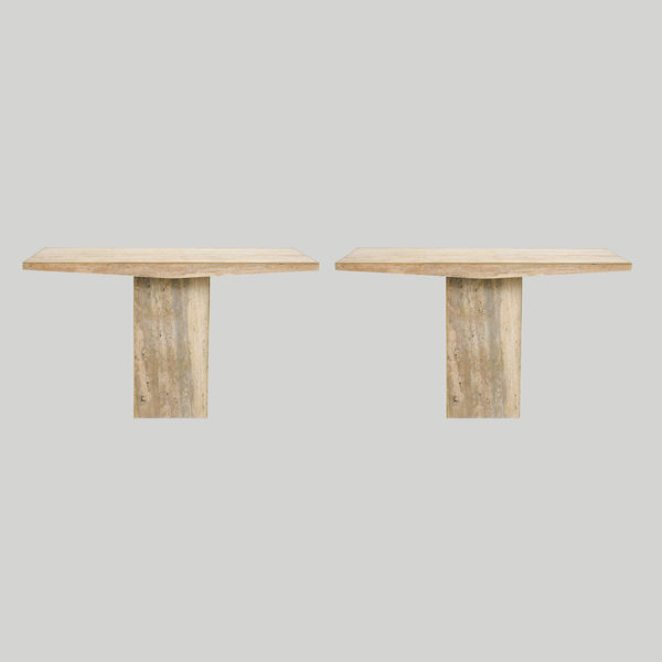 Sculptural Pair of Contemporary Italian Travertine Consoles with Brass Banding