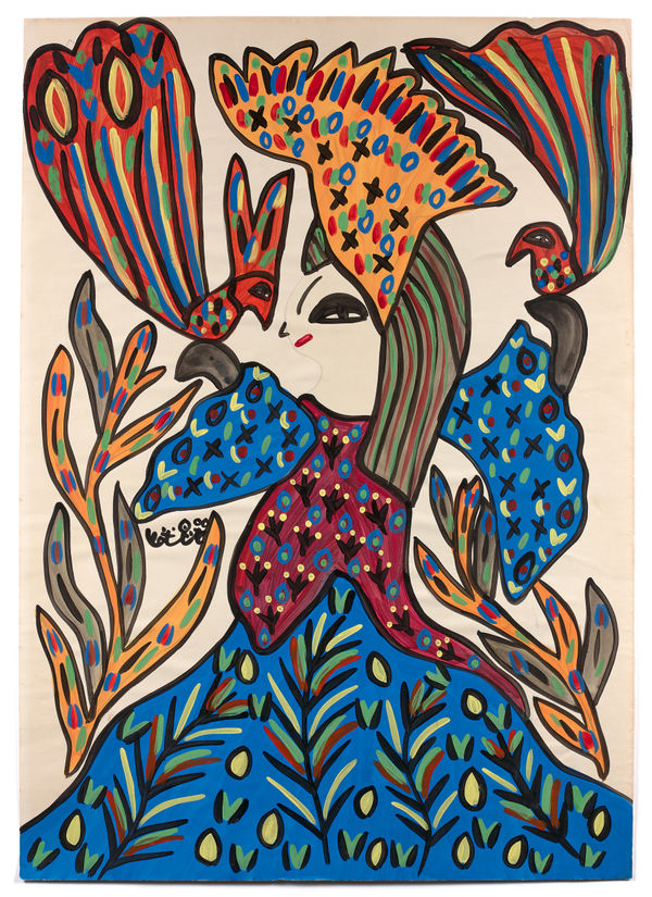 Femme à la robe bleue et aux deux paons