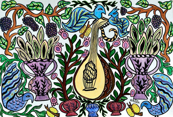 Baya Mahieddine, Composition au luth, aux oiseaux, aux papillons, aux raisins et aux vases de fleurs, 1983
