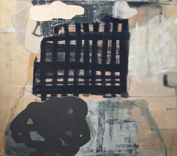 Horizontal Painting with Pink Cloud Shape, Blue Grid