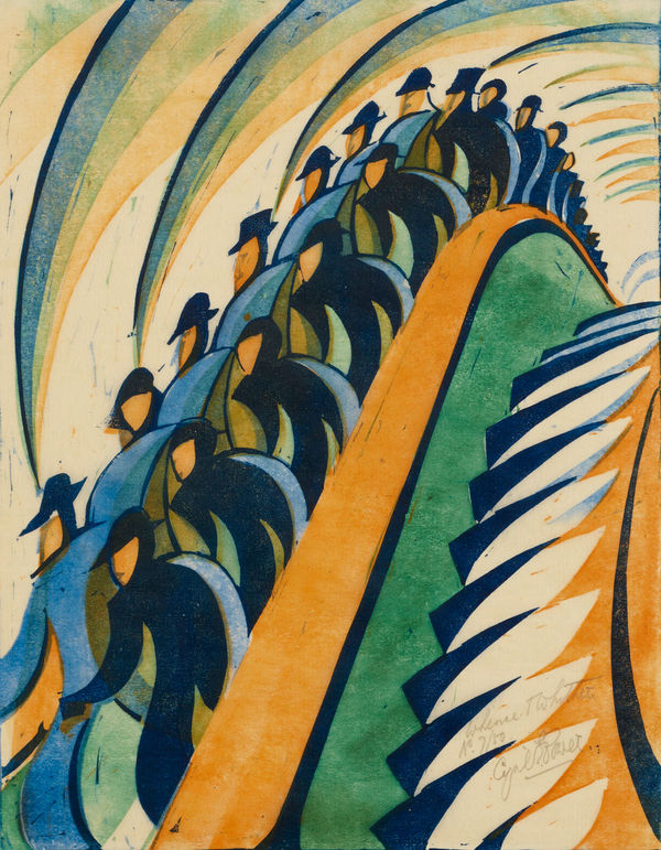 Cyril Power Whence & Whither?, circa 1930 Linocut in colours. Signed, titled and numbered in pencil. From the edition of 50. 31.1 x 24.1 cm (12 1/4 x 9 1/2 in)