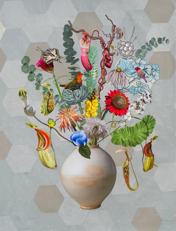 Jane Hammond Korean Moon Jar with Twinspots, Red Sunflower and Pygmy Owl, 2021 Unique botanical collage using linocut, relief printing, digital printing, colored pencil, Sumi ink, watercolor and gouache, hand cut and assembled on collaged Japanese papers over painted cotton rag. Signed in pencil. 127 x 96.52 cm (50 x 38 in)