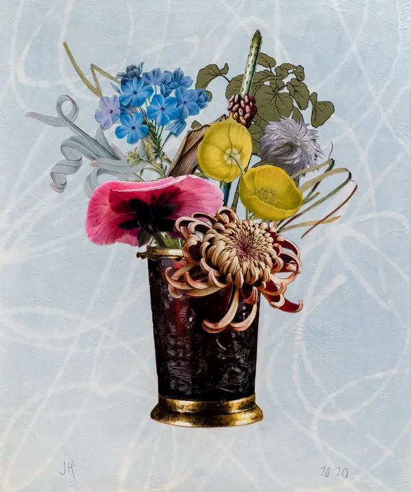 JANE HAMMOND Hermitage Cup with Pansy and Pasque Flower, 2020 Unique botanical collage with digital printing, relief printing, watercolour and gouache, hand cut and assembled on Japanese paper collaged over painting Coventry Rag. Signed verso. 45.7 x 38.1 cm (18 x 15 in)