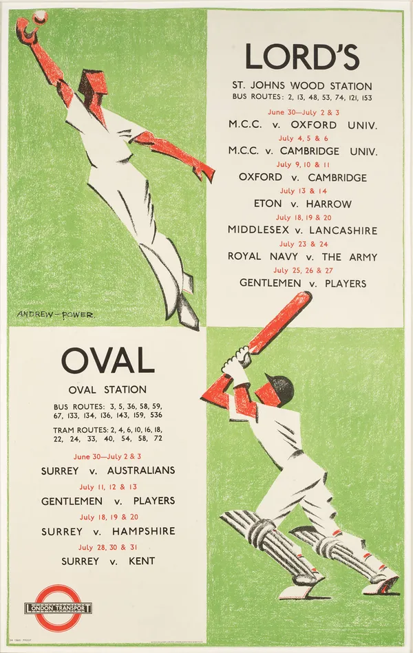 Andrew Power Lord's Oval, 1934 Lithograph in colours. 100.3 x 62.2 cm (39 1/2 x 24 1/2 in)