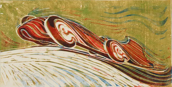 Cyril Power Speed Trial, circa 1932 Linocut in unique colour version. Signed, numbered 'E.P. No. 2' and annotated '1st state' in pencil. An experimental proof aside from the edition of 60. 19.7 x 37.5 cm (7 3/4 x 14 3/4 in)