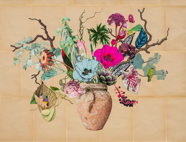 Jane Hammond Mediterranean Octopus Trap with Poke Berries, Angelica and Dutchman&rsquo;s Pipe, 2022 Unique botanical collage using linocut, relief printing, digital printing, colored pencil, Sumi ink, watercolor and gouache, hand cut and assembled on de-acidified Braille pages collaged over painted cotton rag. Signed in pencil. 96.5 x 127 cm (38 x 50 in)