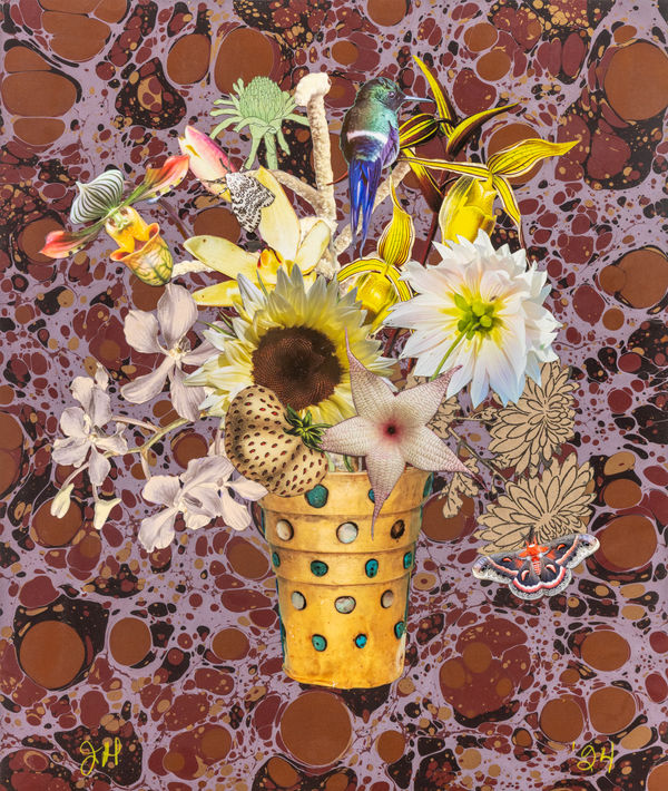 Jane Hammond Peruvian Beaker with Dahlia, White Strawberry and Leopard Moth, 2024 Unique botanical collage with lithography, relief printing, digital printing, colored pencil, Sumi ink, watercolor and gouache, hand cut and assembled on Italian marble papers over cotton rag. Signed and dated. 53.3 x 45.1 cm (21 x 17 3/4 in)