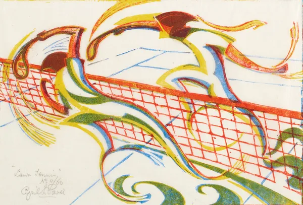 Cyril Power Tennis, circa 1933 Linocut in colours. Signed, titled, numbered in pencil. From the edition of 60. 11/60 18.3 x 26.7 cm (7 1/4 x 10 1/2 in)