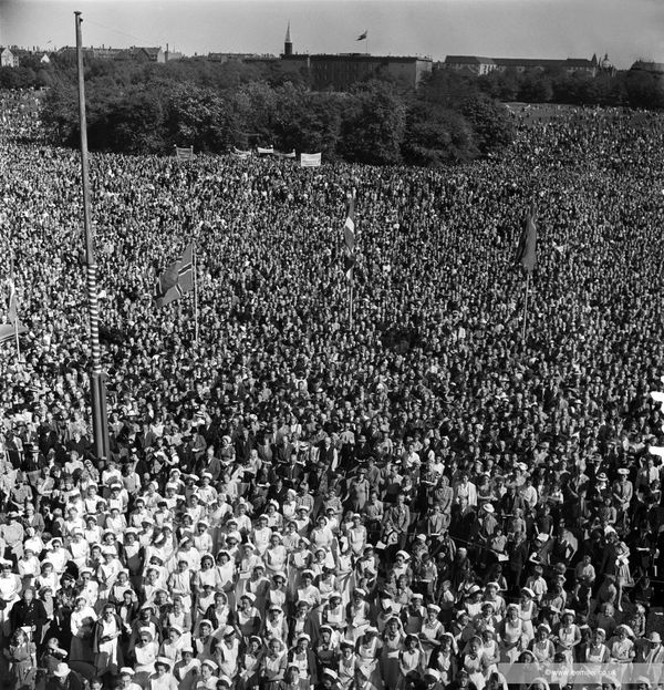 Lee Miller Public Gathering, Faelledparken, Copenhagen, Denmark 1945 [Farewell to arms, demonstration by disbanding freefighters, Faelledparken, Danish Freedom Council's rally 20th May], 1945 Fine Archival Gelatin Silver print. Non-Editioned. Image size: 26.5 x 25.3 cm (10 3/8 x 10 in) Paper size: 39.2 x 29.8 cm (15 3/8 x 11 3/4 in)