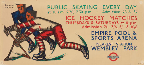 Andrew Powers Ice Skating, 1935 Lithographic poster printed in red, green, blue and black on wove paper. Artists' names printed top left. Printed by Waterlow & Sons Ltd. Published by London Transport. 27.9 x 61 cm (11 x 24 in)