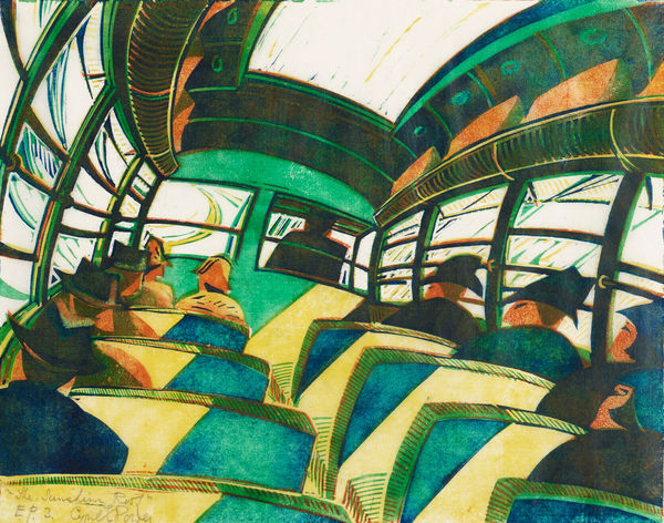 Cyril Power The Sunshine Roof, circa 1934 Linocut in unique colour version. Signed, titled and Numbered 'E.P. 3' in pencil. An experimental proof aside from the edition of 60. 26 x 33 cm (10 1/4 x 13 in)