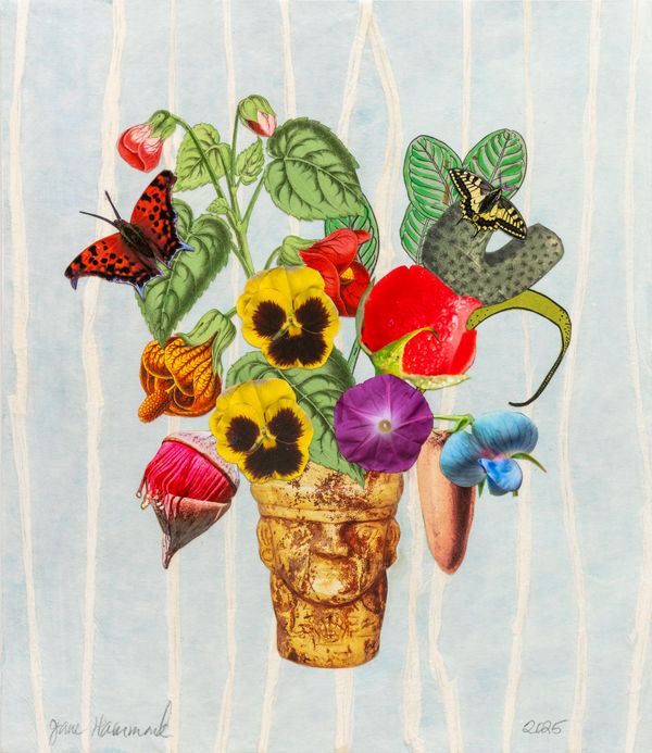 Jane Hammond Sican Gold Cup with Eucalyptus, Pansies and Sweet Pea, 2025 Unique botanical collage with relief printing, digital printing, colored pencil, Sumi ink, watercolor and gouache, hand cut and assembled on Japanese paper over painted cotton rag. Signed and dated. 35.6 x 30.5 cm (14 x 12 in)
