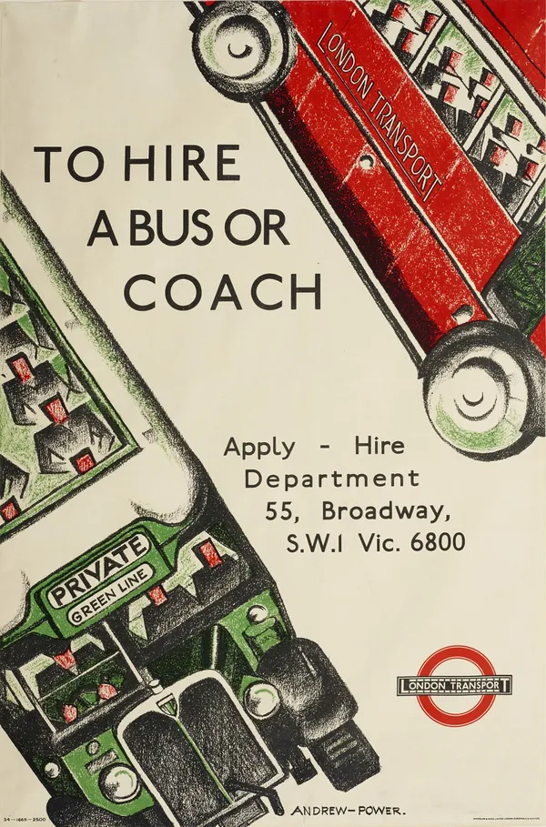 Andrew Power To Hire a Bus or Coach, 1934 Lithograph in colours. 75.2 x 49.2 cm (29 5/8 x 19 3/8 in)