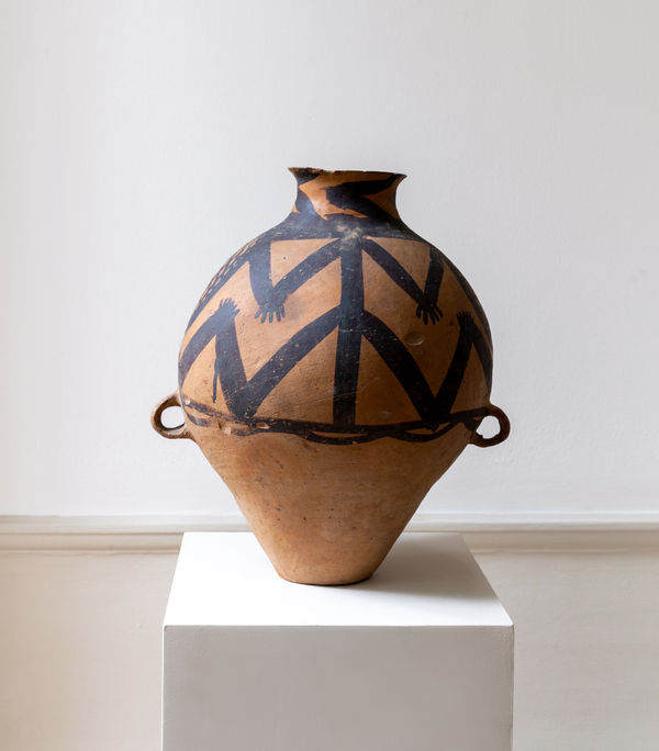 Gansu, c.2300-c.2000 BCE A neolithic pottery jar, Majiayao Culture, Machang type With stylised frogs. 46 cm (h) Provenance: Eskenasi, London Collection: John Kasmin