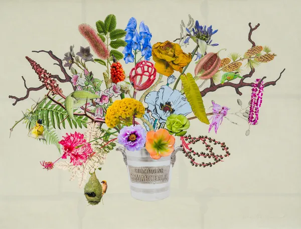 Jane Hammond Champagne Bucket with Agapanthus, Canterbury Bells and Spider Hibiscus, 2022 Unique botanical collage using linocut, relief printing, collagraph, digital printing, coloured pencil, Sumi ink, watercolour and gouache, hand cut and assembled on collaged Japanese papers over painted cotton rag. Signed in pencil. 96.5 x 127 cm (38 x 50 in)