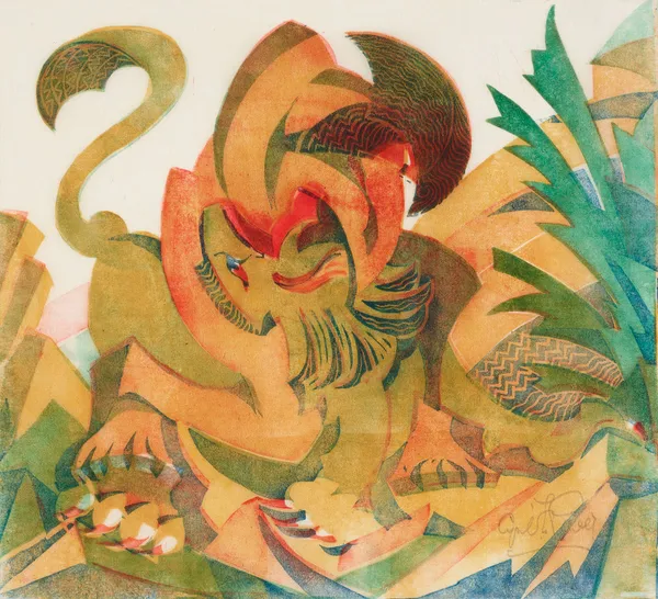 Cyril Power Samson and the Lion, circa 1932 Linocut in colours. Signed in pencil. From the edition of 60. 21.9 x 24.1 cm (8 5/8 x 9 1/2 in)