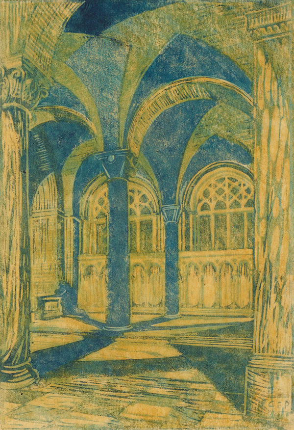 Cyril Power Westminster Cathedral, Evening, circa 1928 Linocut in colours. Signed and titled in pencil. From an unknown edition. 27.3 x 19.1 cm (10 3/4 x 7 1/2 in)