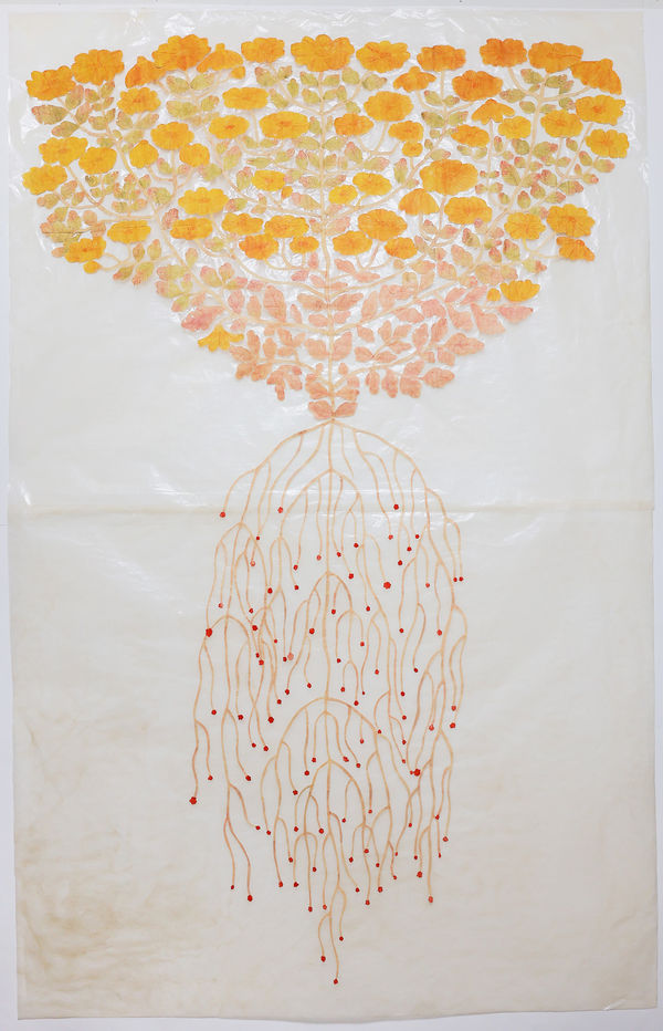 Fumi Imamura One Flower (yellow chrysanthemum) (花ひとつ(黄菊)), 2023 Signed. Collage and watercolour on paper. 150 x 96.5 cm (59 x 38 in)