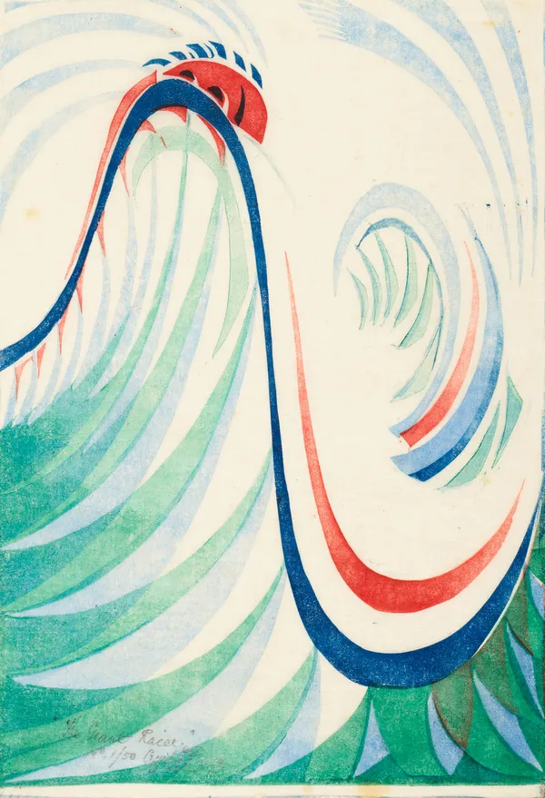 Cyril Power The Giant Racer, circa 1930 Linocut in colours. Signed, titled and numbered in pencil. From the edition of 50. 27.6 x 19.1 cm (10 7/8 x 7 1/2 in)