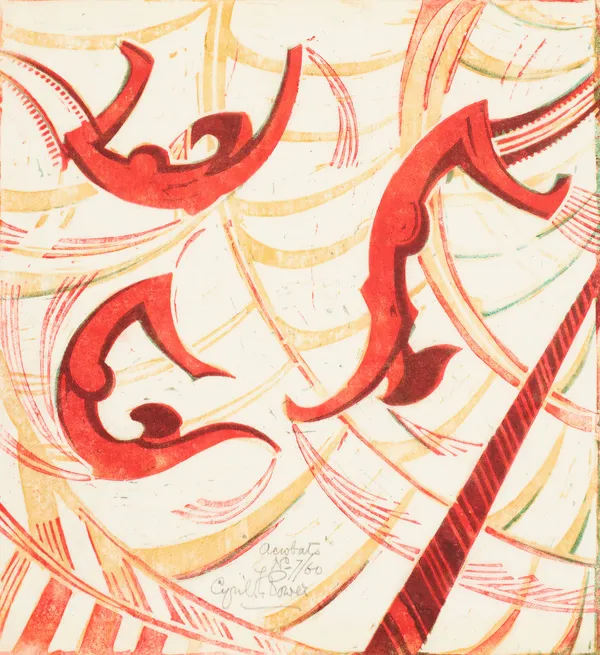 Cyril Power Acrobats, circa 1933 Linocut in colours. Signed, titled and numbered in pencil. From the edition of 60. 25.4 x 23.2 cm (10 x 9 1/8 in)