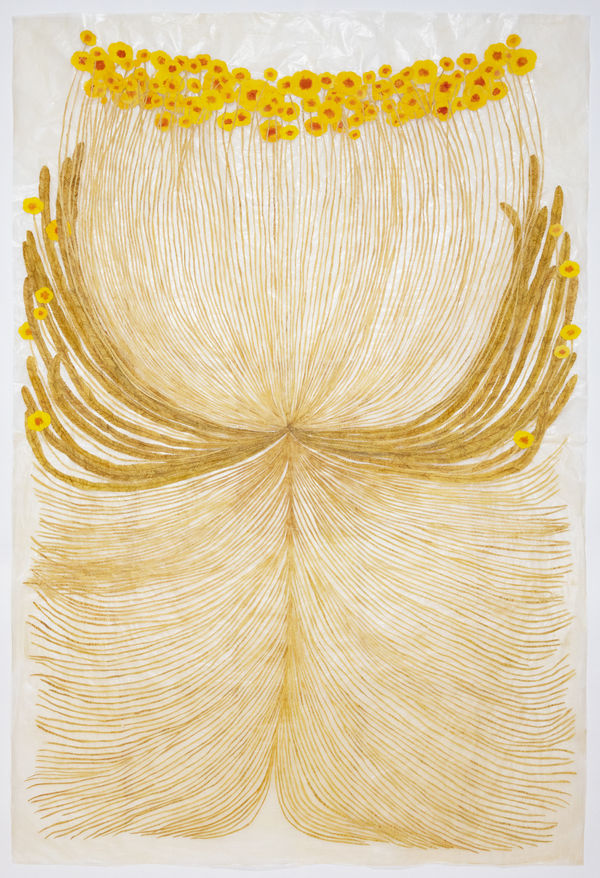 Fumi Imamura One flower (yellows flowers) (花ひとつ (きいろい お花), 2025 Collage and watercolour on paper. Signed. 150 x 101.3 cm (59 x 39 7/8 in)