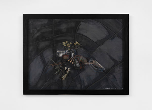 Joeun Kim Aatchim, Still life with Motion Sickness crossing the Memory Palace (Still life with Jumanji, Hansan Mosi, Brass Pedals, the Animal Crackers, and Yellow Roses over the Failed Attempt of Portraying the Marble Floor Apartment), 2022