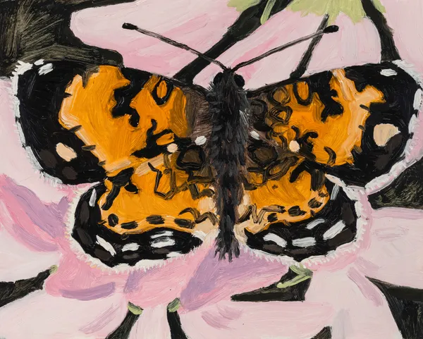Claudia Keep June 21st, 1:22 PM, Orange Butterﬂy, 2024 Oil on Masonite panel 20.3 x 25.4 cm (8 x 10 in) 22.3 x 27.4 cm (8 ¹³⁄₁₆ x 10 ¹³⁄₁₆ in) framed