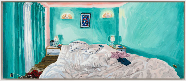 Claudia Keep Morning, Hotel Grand Amour, 2024 Oil on Masonite panel Diptych 30.5 x 71.1 cm (12 x 28 in) 32.7 x 73.5 x 3 cm (12 ⅞ x 29 x 1 ⅛ in) framed