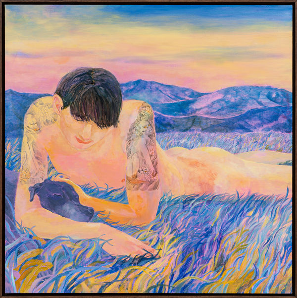 A dog and a man with lion and peony tattoos