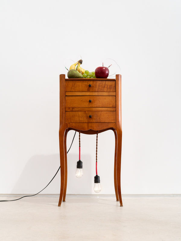 Yuko Mohri Decomposition, 2025 Side table, L.E.D lights illuminated by fruits 70 x 33.2 x 24.5 cm (27 ½ × 13 ⅛ × 9 ⅝ in)