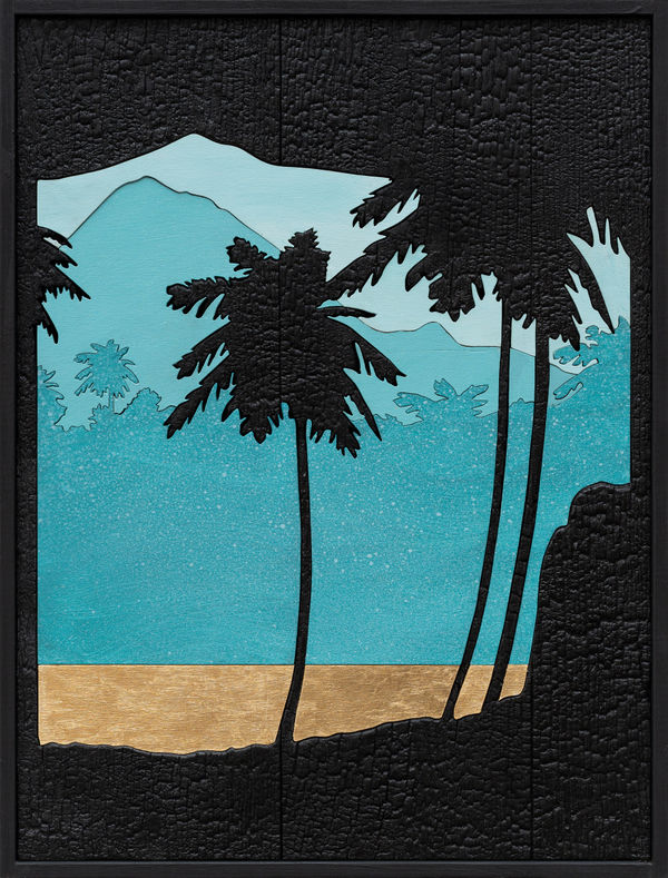 Laurent Pernot The golden sea, 2024 Burnt wood, gold leaf and painting 50 x 37.5 cm (19 3/4 x 14 3/4 in) 52 x 39.5 cm (20 1/2 x 15 1/2 in) (framed) Weight: 2 kg