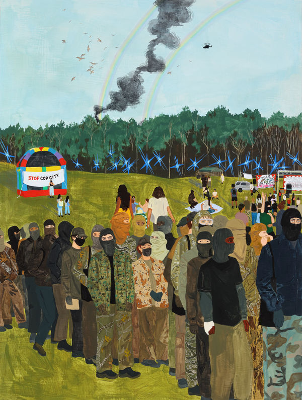 Dianna Settles And when the time for the breaking of the law is here, be sure it is to take place in the matrix of our everyday thoughts and fantasies, our wonderment at how we got from there to here. (The black and green snake fights the blue one), 2023 Acrylic and colored pencil on panel 81.3 x 61 x 4.4 cm (32 x 24 x 1 3/4 in)