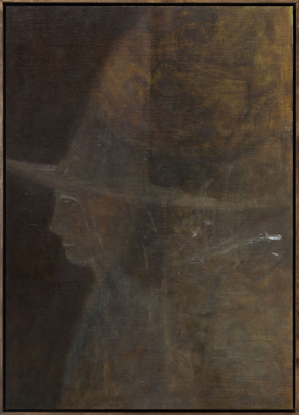 Tenki Hiramatsu Girl With a Wizard Hat, 2023 Oil, wax, chalk on linen over wooden panel, artist frame 70 x 50 cm (27 ½ x 19 ¾ in) framed